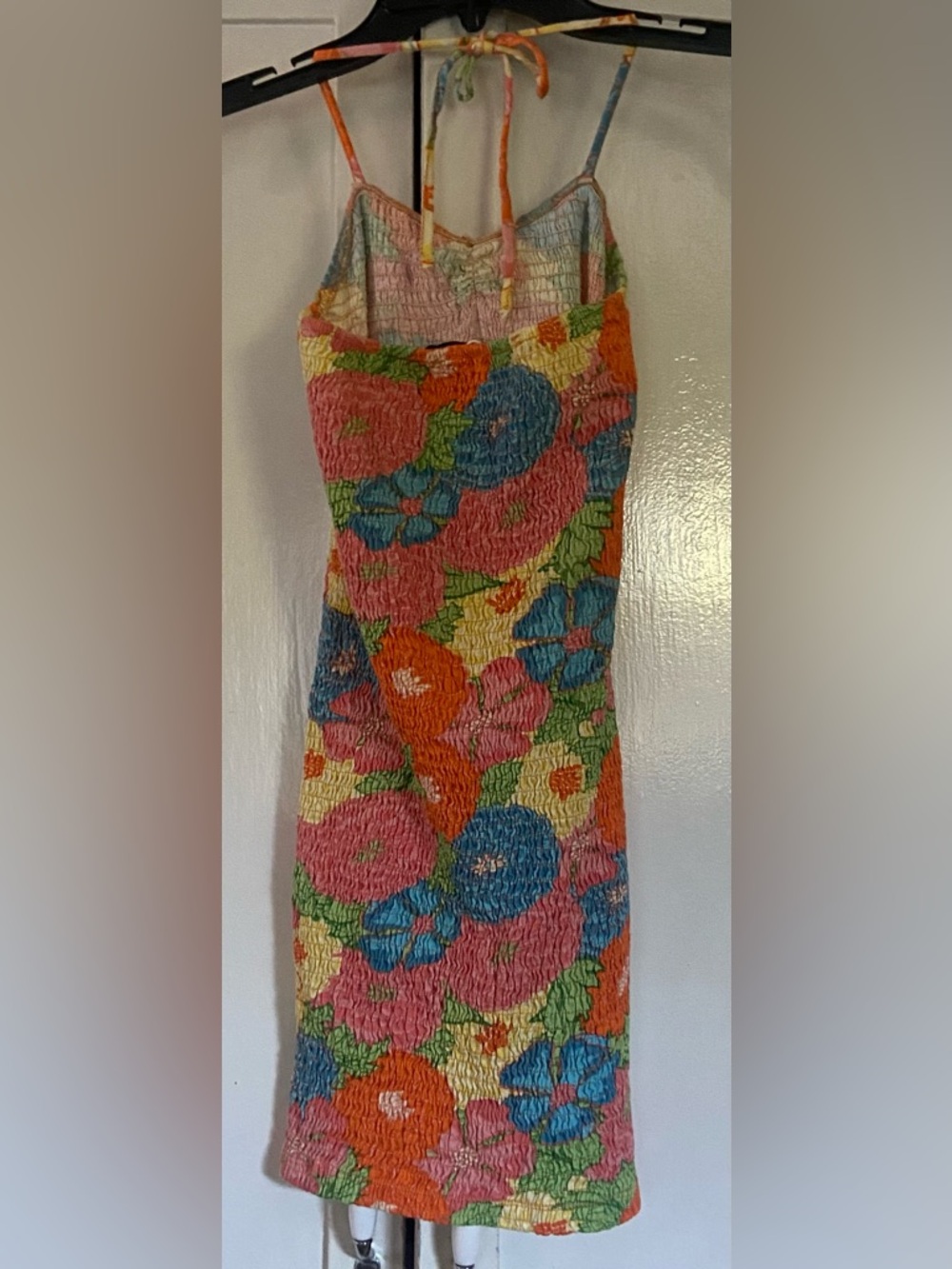 Zara Bright Floral Smocked Mini Dress - Pink, Orange, Blue, Yellow, Green - Picture 3 of 4